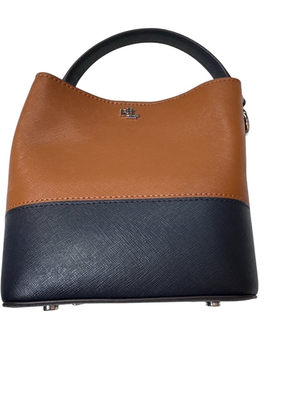 Lauren Ralph Lauren Small 2 Tone Leather Reese Bucket Bag Tan/Navy (no long stra - Picture 7 of 12